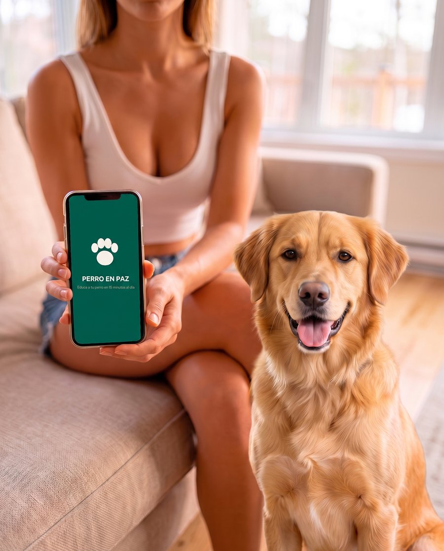 Una lectora muestra la guía Perro en Paz en su teléfono, con su golden retriever al lado
