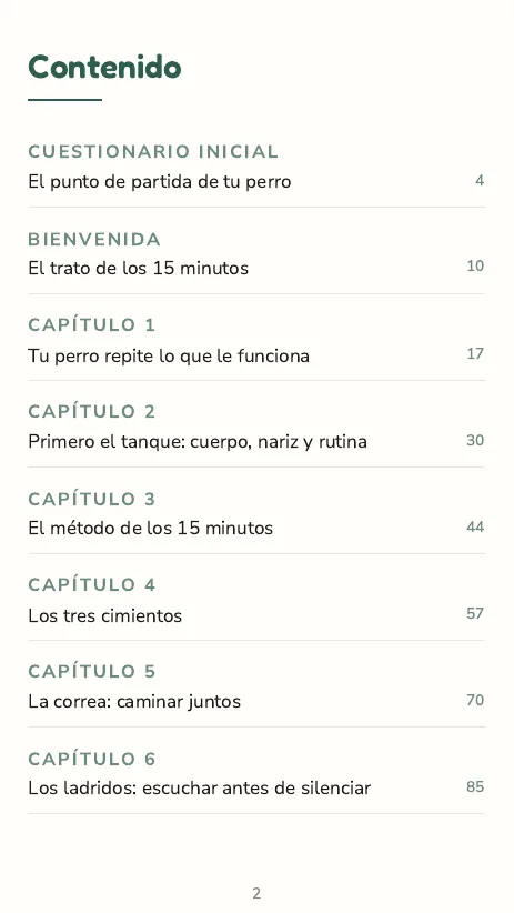 El índice del libro: 10 capítulos, del cuestionario inicial a la correa y los ladridos